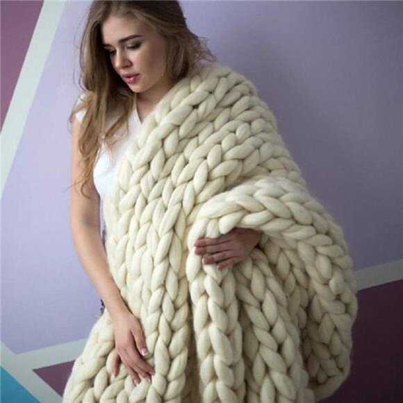 Chunky Knit Blanket Hand Made Merino Wool Throw Boho (Ivory White 40"x60") - Picture 2 of 8